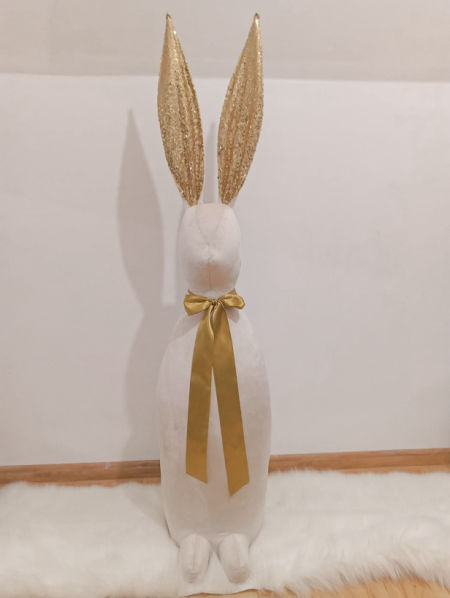 Zając stojący 130cm beżowy cekinowy kokarda 1