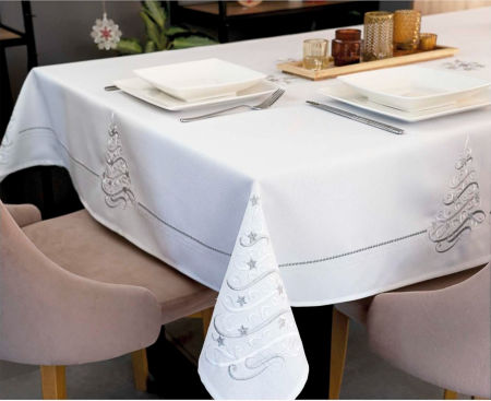Obrus świąteczny choinka 240x120 biel-srebro