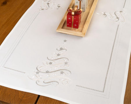 Bieżnik świąteczny choinka 50x100 biel srebro
