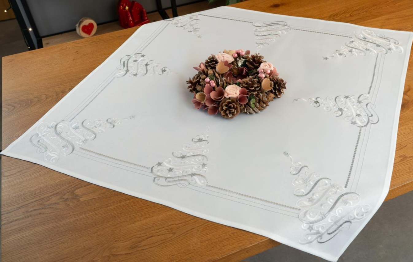 Obrus świąteczny choinka 85x85 biel srebro zdjęcie 1
